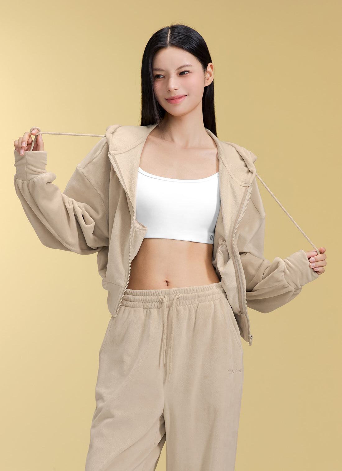 Velour Warm Hood Zip-up - Bake Beige