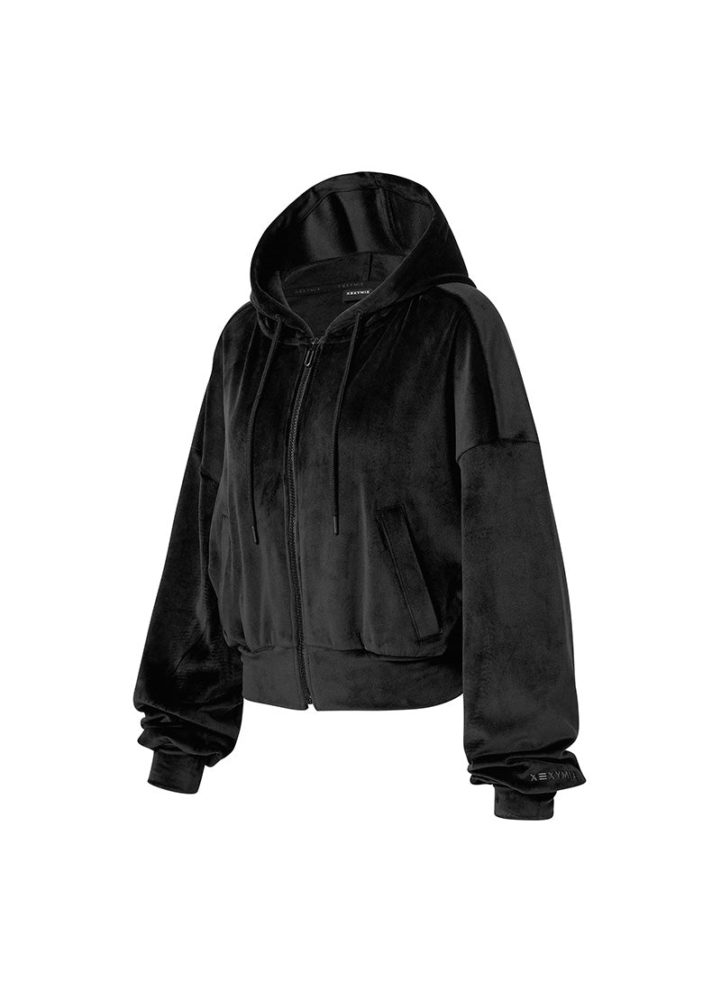 Velour Warm Hood Zip-up - Black