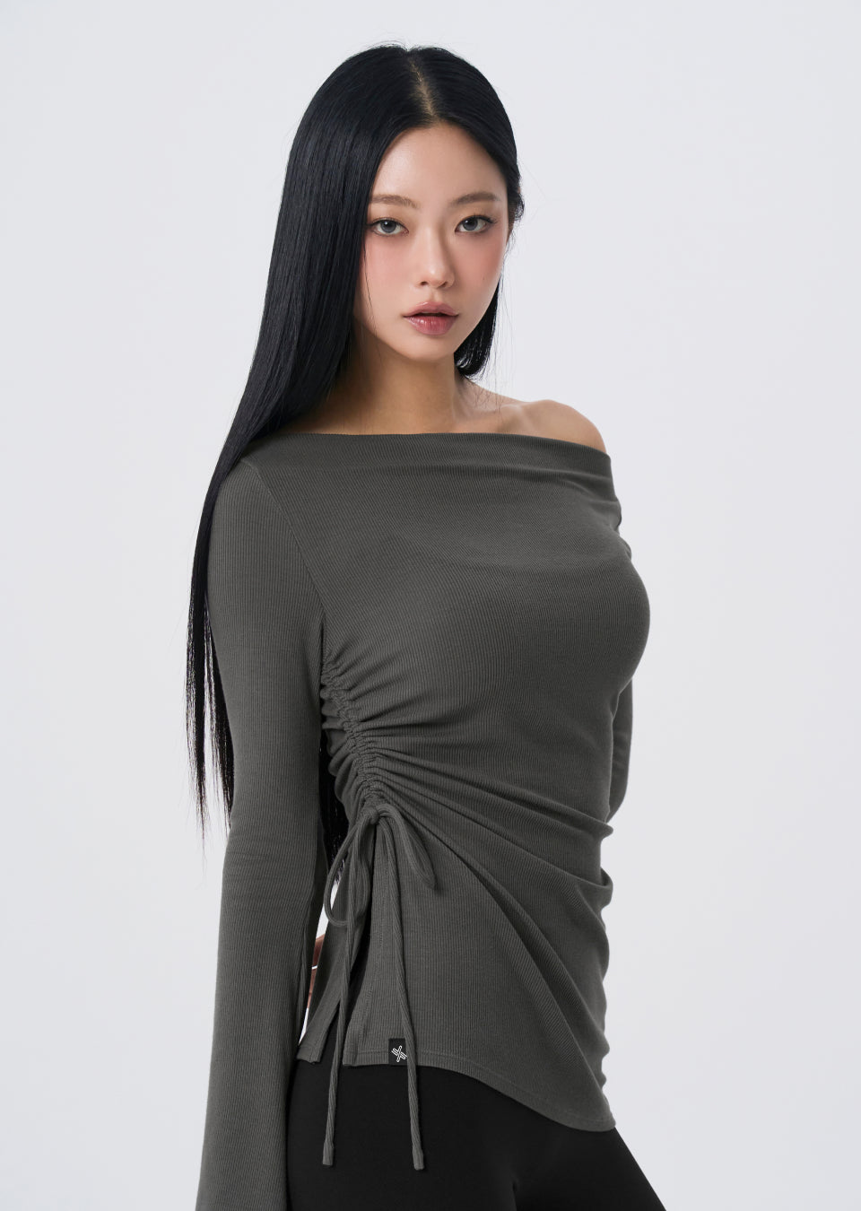 Ribbed Off-shoulder One-Slit Long Sleeve - Slate Charcoal