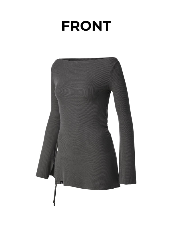Ribbed Off-shoulder One-Slit Long Sleeve - Slate Charcoal