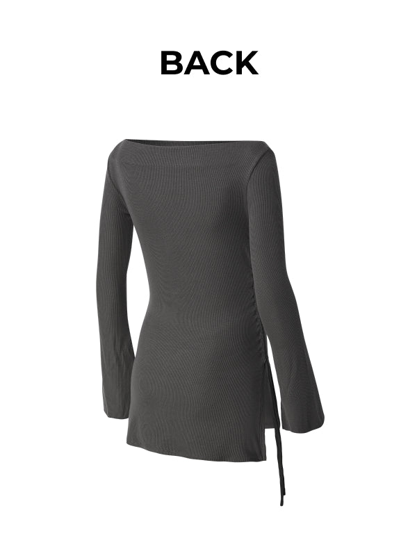 Ribbed Off-shoulder One-Slit Long Sleeve - Slate Charcoal