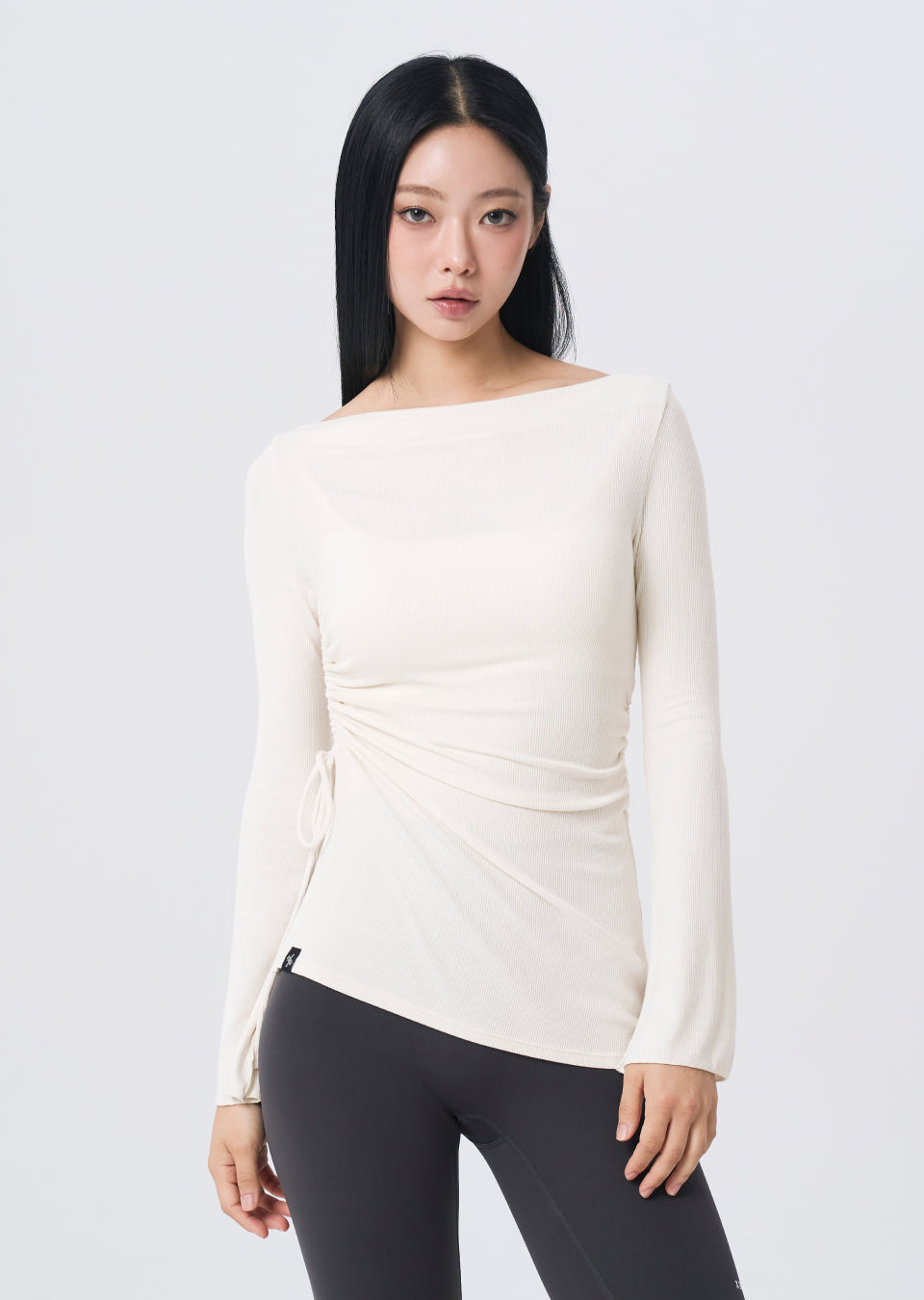 Ribbed Off-shoulder One-Slit Long Sleeve - Personal Cream