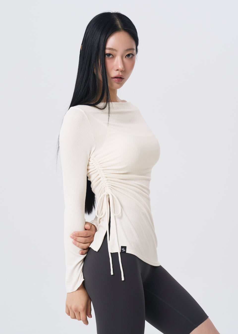Ribbed Off-shoulder One-Slit Long Sleeve - Personal Cream