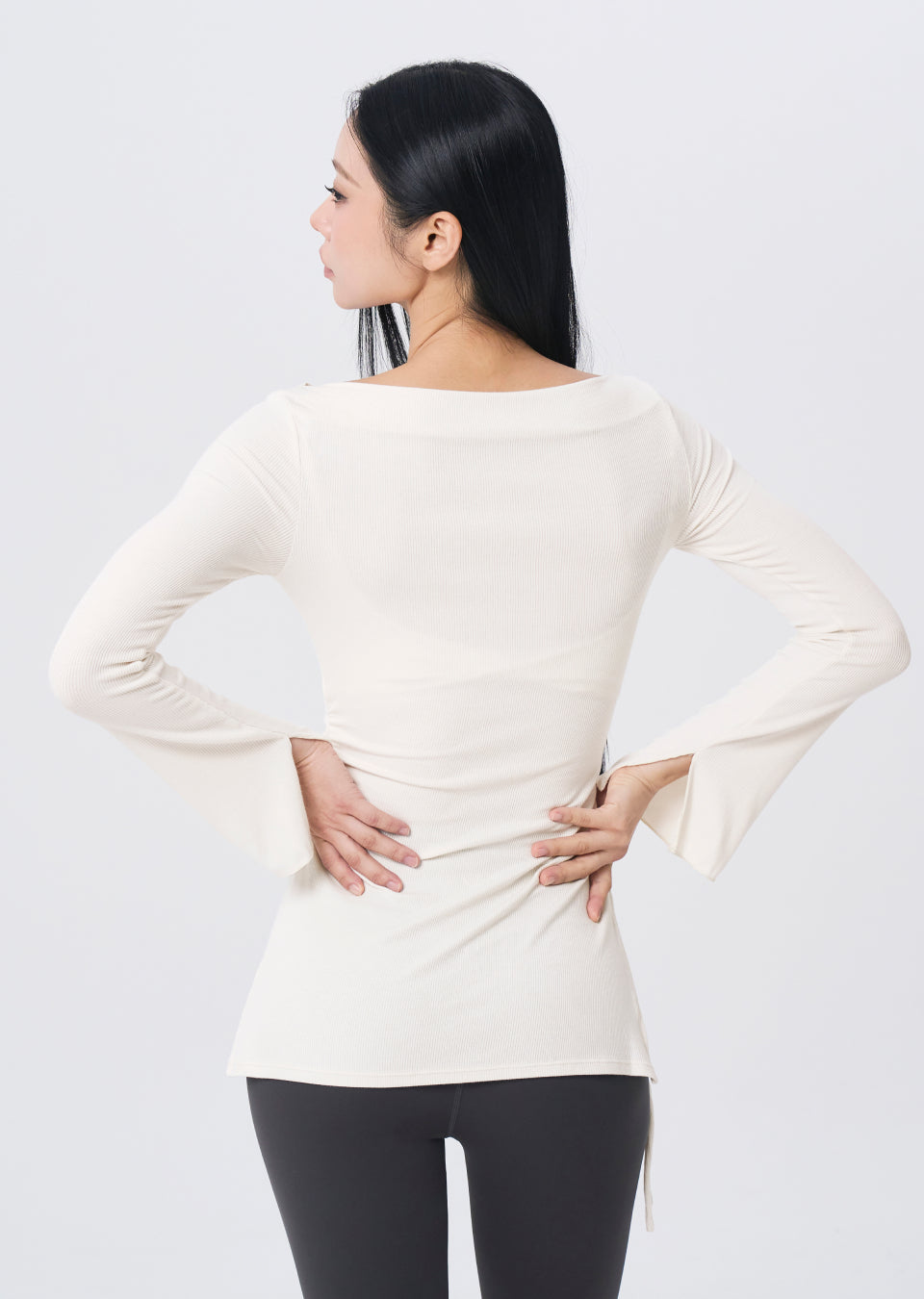 Ribbed Off-shoulder One-Slit Long Sleeve - Personal Cream