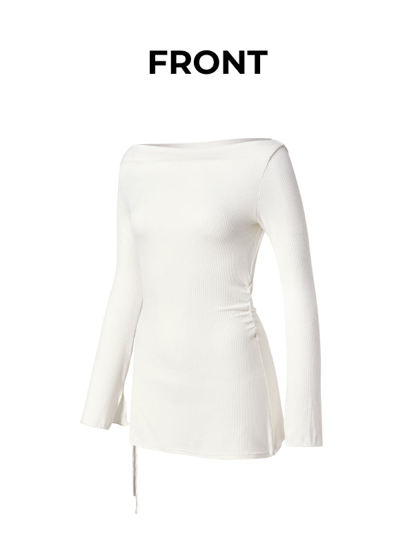 Ribbed Off-shoulder One-Slit Long Sleeve - Personal Cream