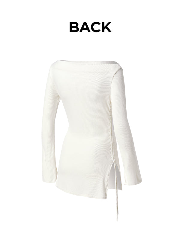 Ribbed Off-shoulder One-Slit Long Sleeve - Personal Cream