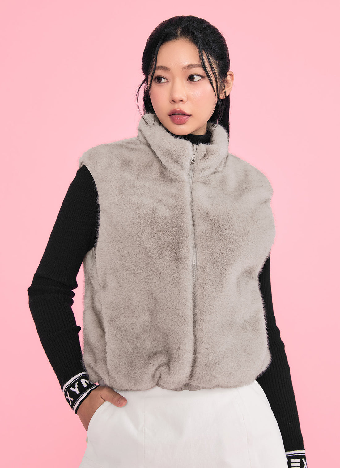 Quilting Soft Fur Reversible Vest - Light Gray
