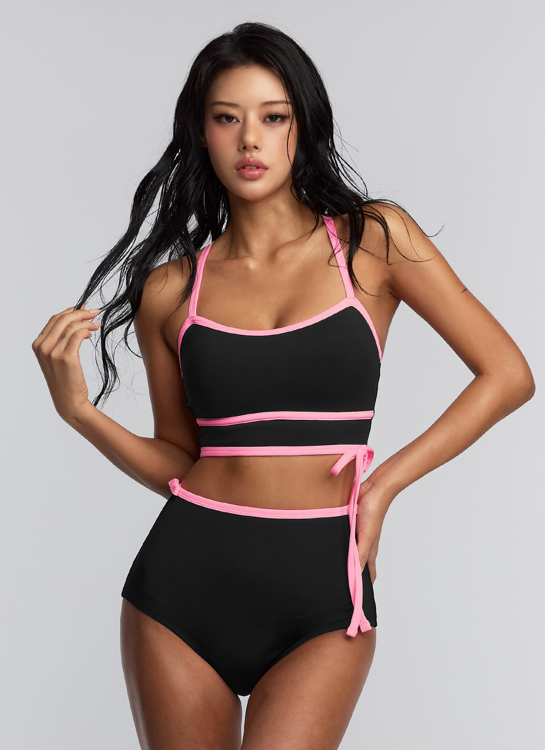 Color Combination Key Point Bowknot Bra Top - Black