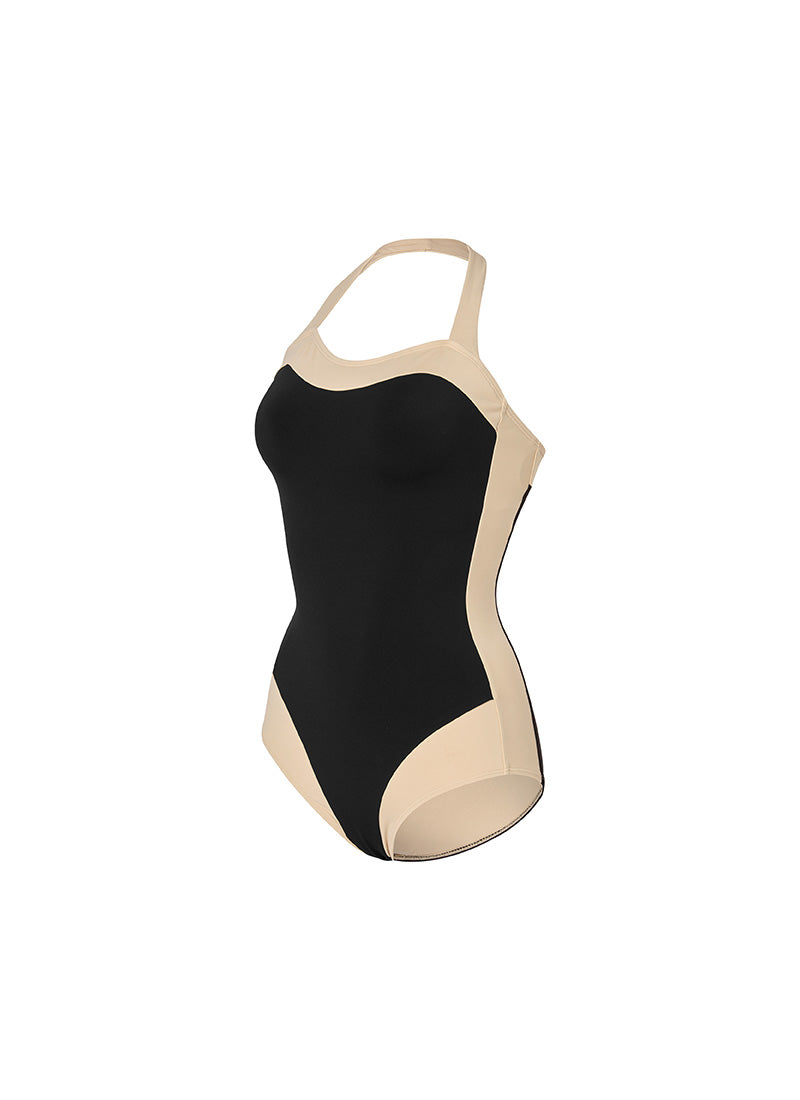 Color Combination Marine Halter Neck Swimsuit - Black