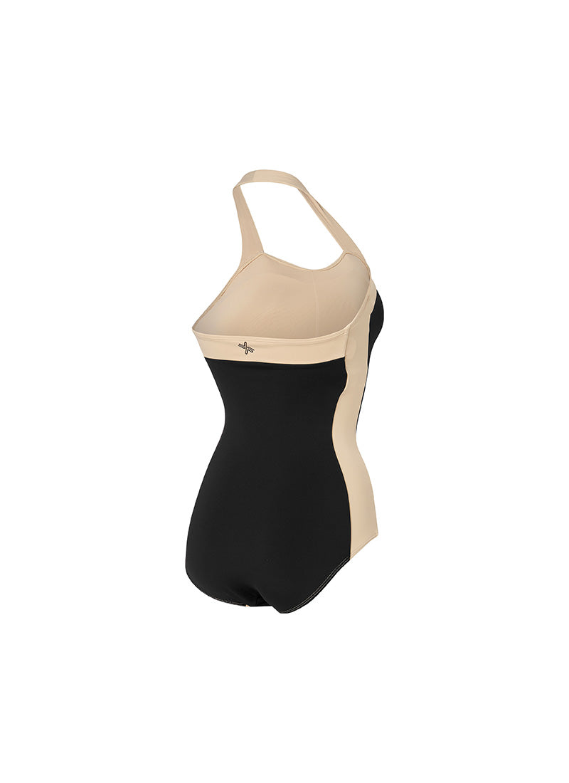 Color Combination Marine Halter Neck Swimsuit - Black