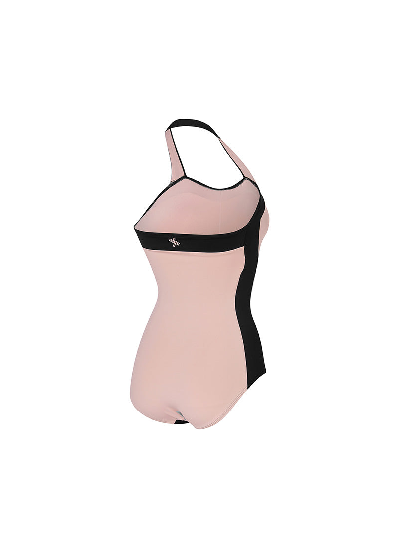 Color Combination Marine Halter Neck Swimsuit - Primrose Pink