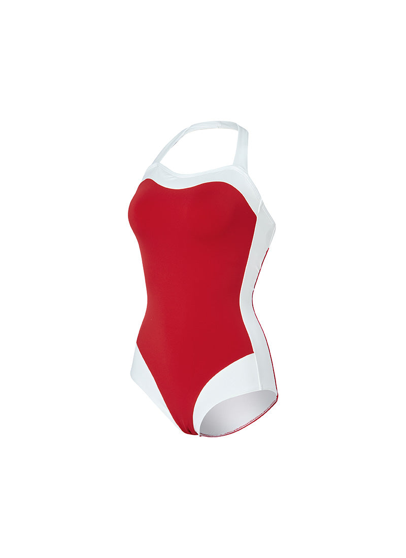 Color Combination Marine Halter Neck Swimsuit - Grenadine Red