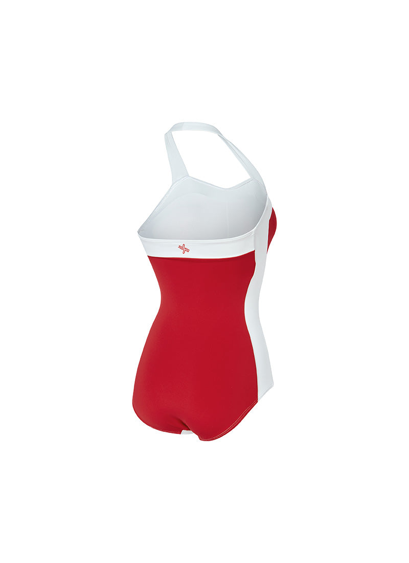Color Combination Marine Halter Neck Swimsuit - Grenadine Red