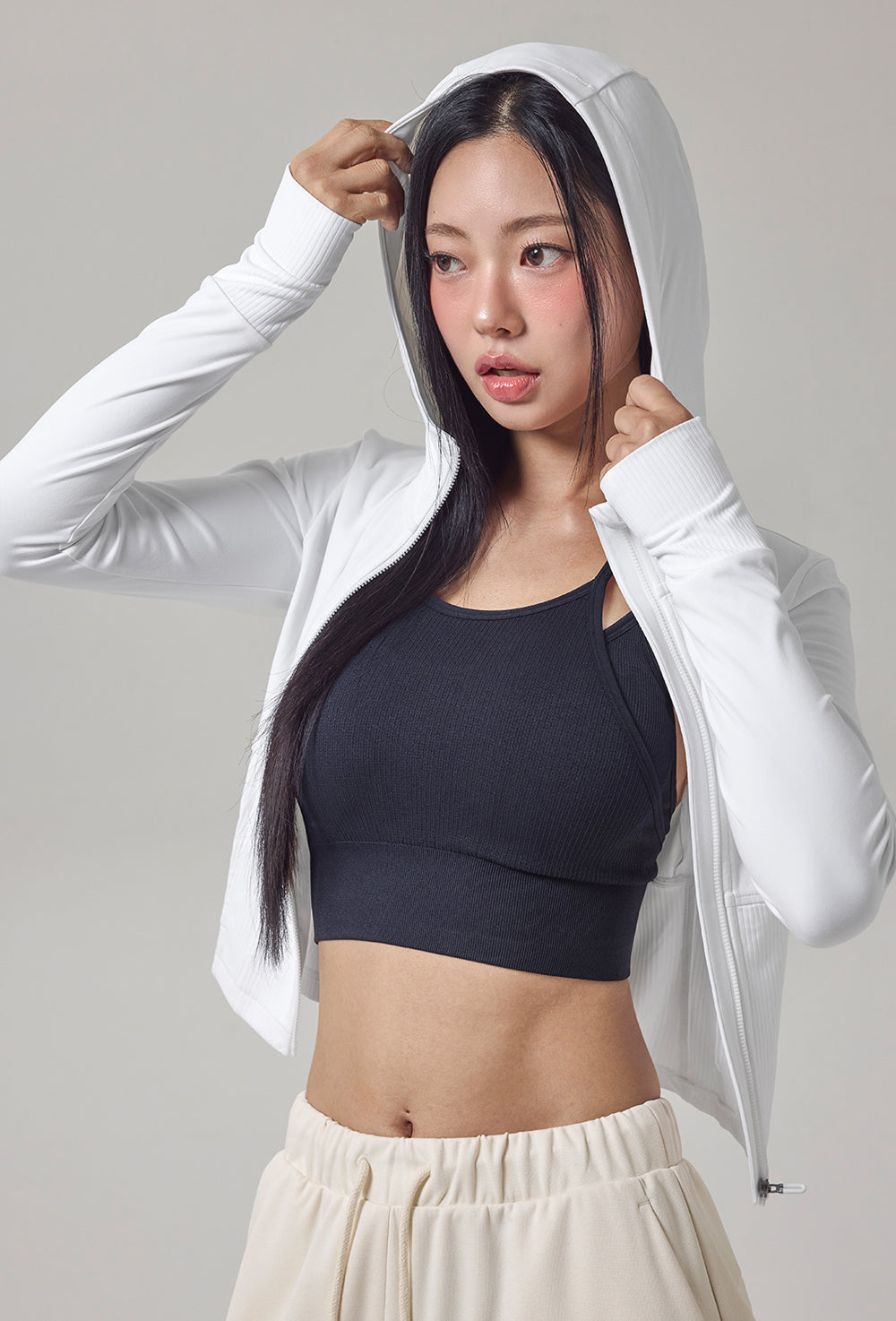 Soft Lip Mix Hood Zip up Jacket - Ivory