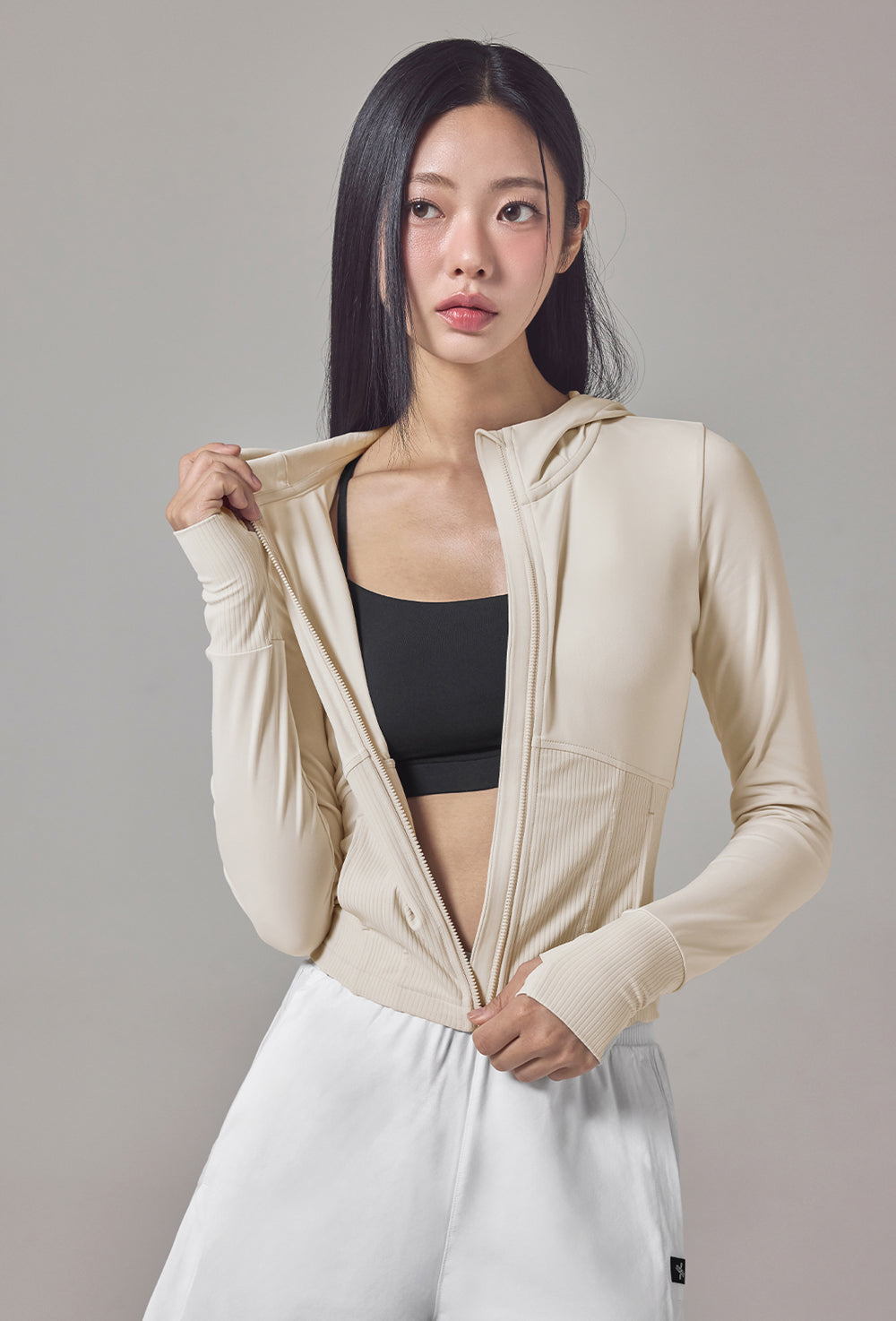 Soft Lip Mix Hood Zip up Jacket - Sand Swan