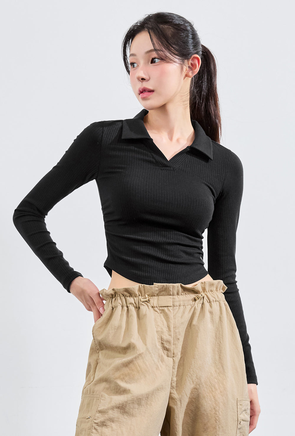 Soft Lip Open Collar Long Sleeve - Black