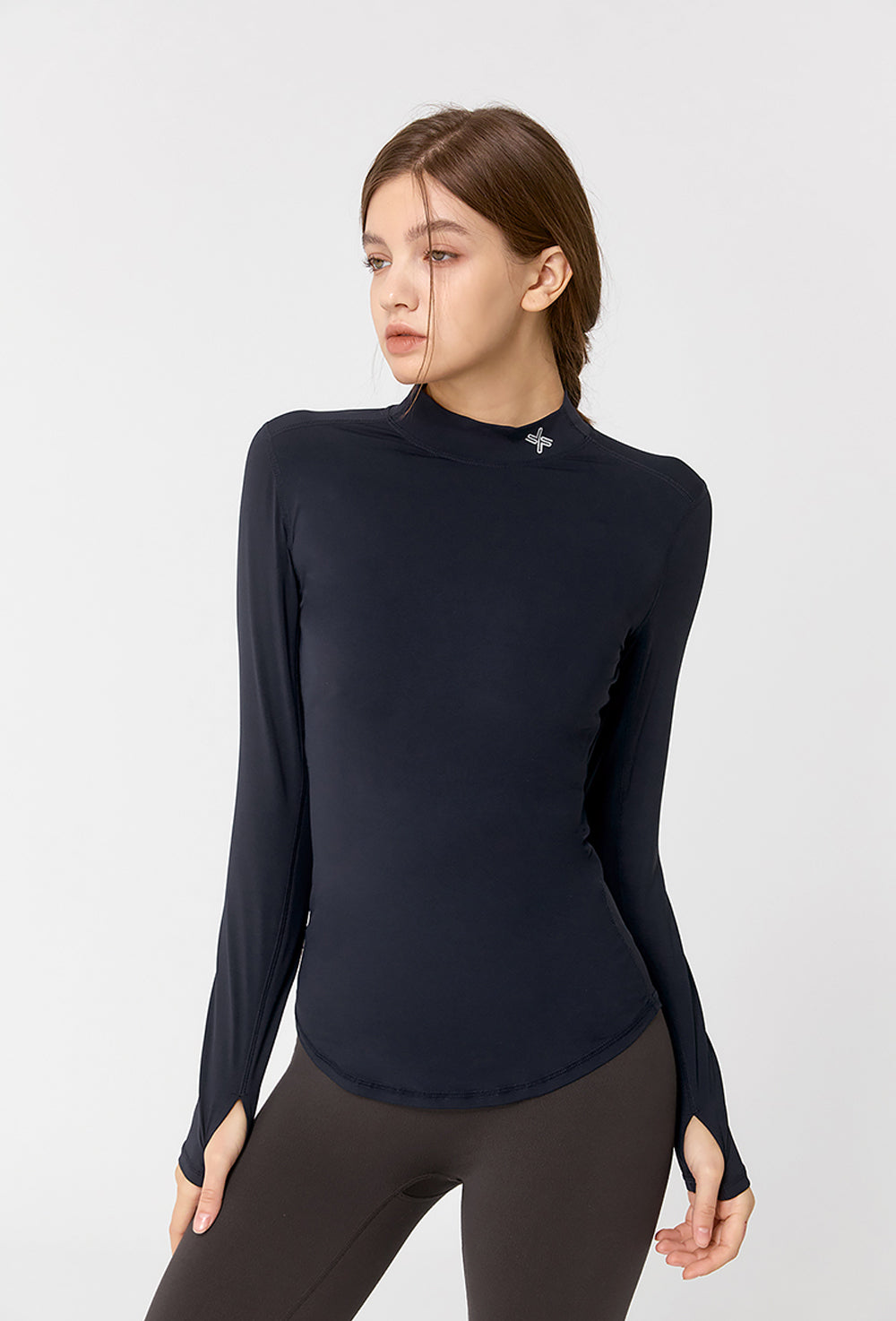 Mock-neck Finger Hole Basic T-shirt - Stone Navy (Clearance)