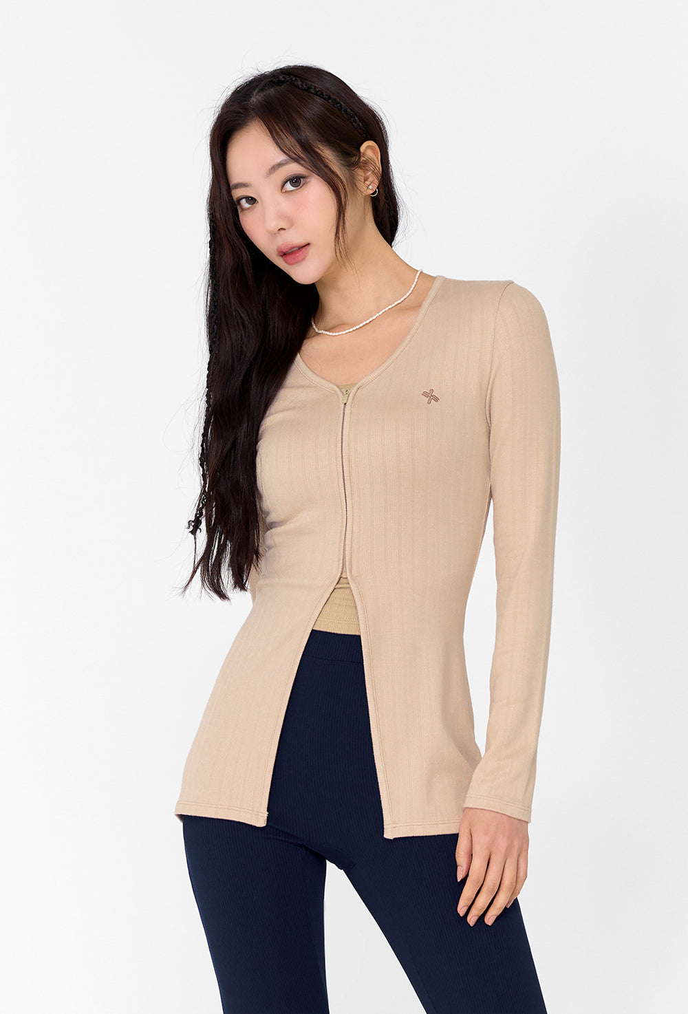 Ribbed Zip up Cover Cardigan - Indi Beige