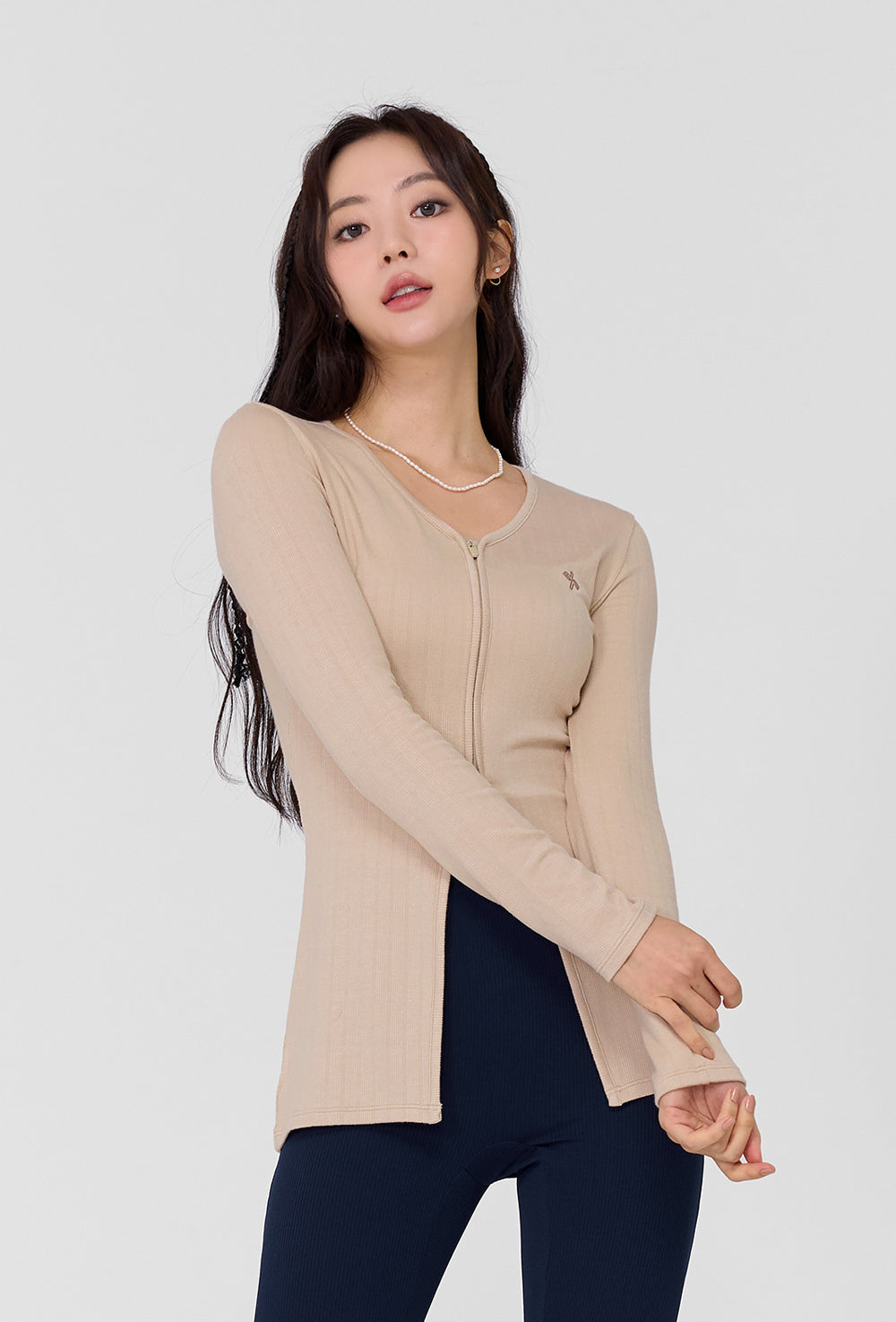 Ribbed Zip up Cover Cardigan - Indi Beige