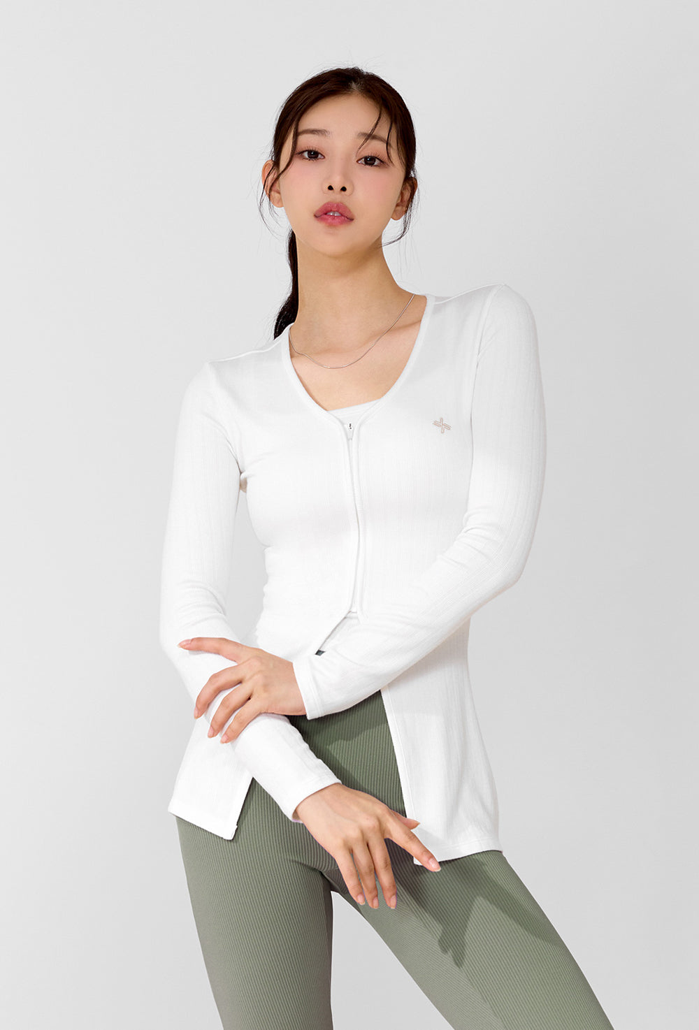 Ribbed Zip up Cover Cardigan - Ivory
