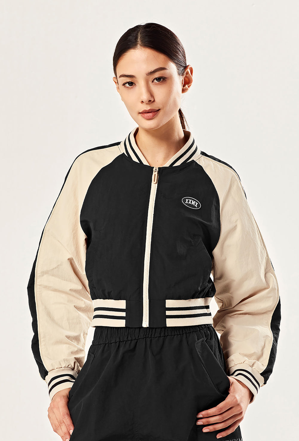 Woven Crop Varsity Jacket - Black