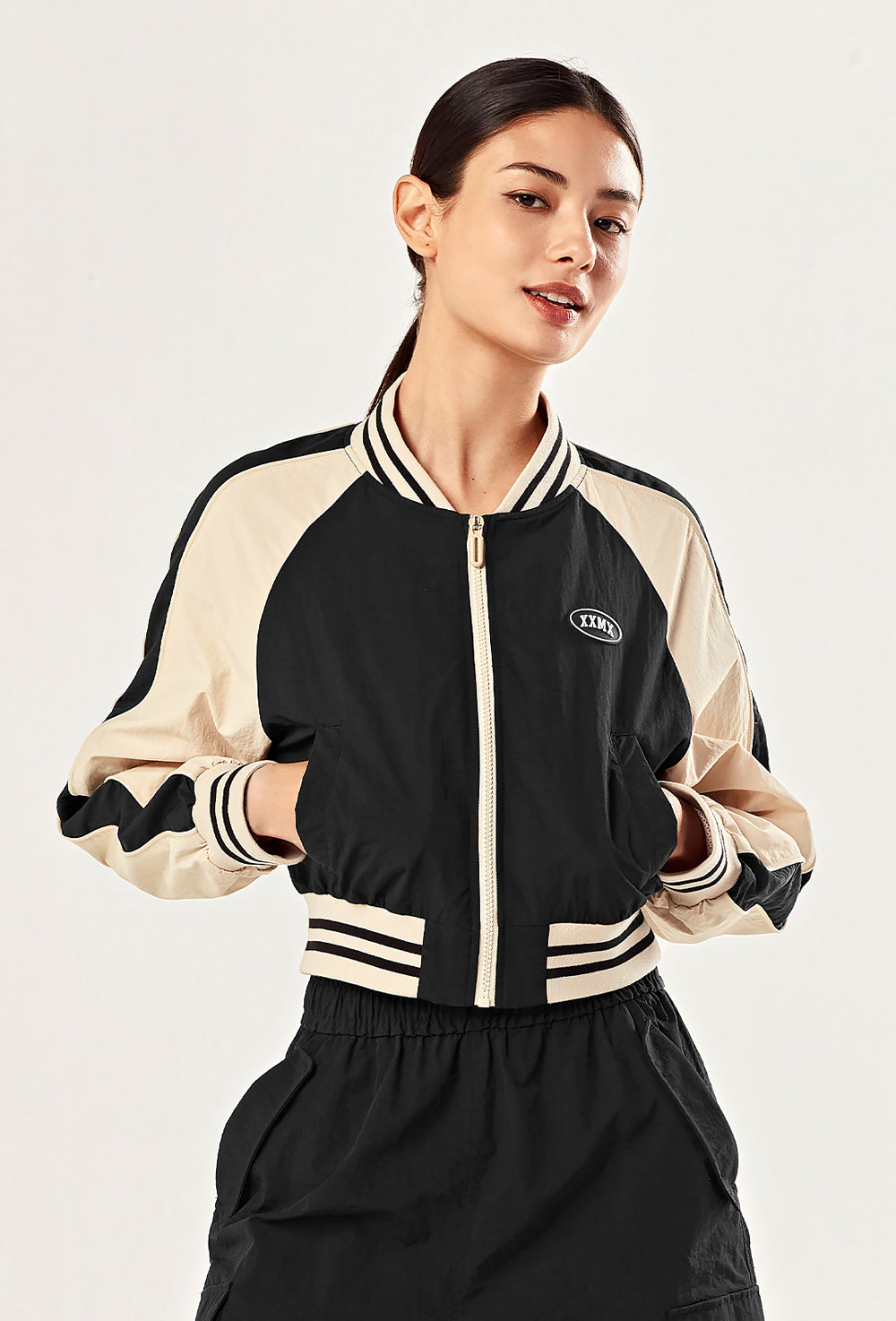 Woven Crop Varsity Jacket - Black