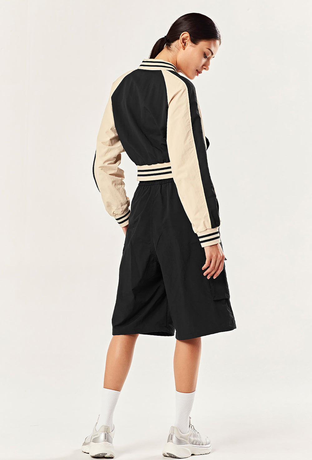 Woven Crop Varsity Jacket - Black