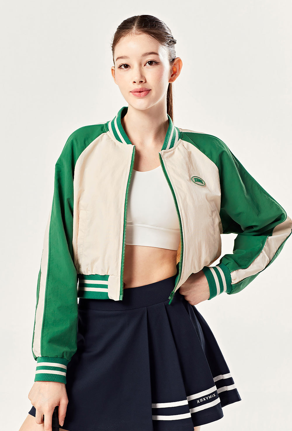 Woven Crop Varsity Jacket - Clover Beige