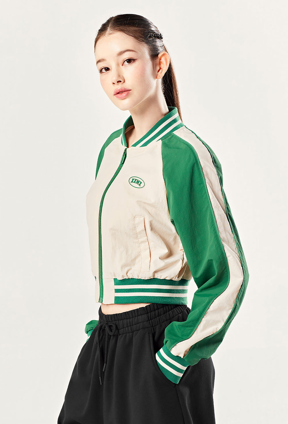 Woven Crop Varsity Jacket - Clover Beige