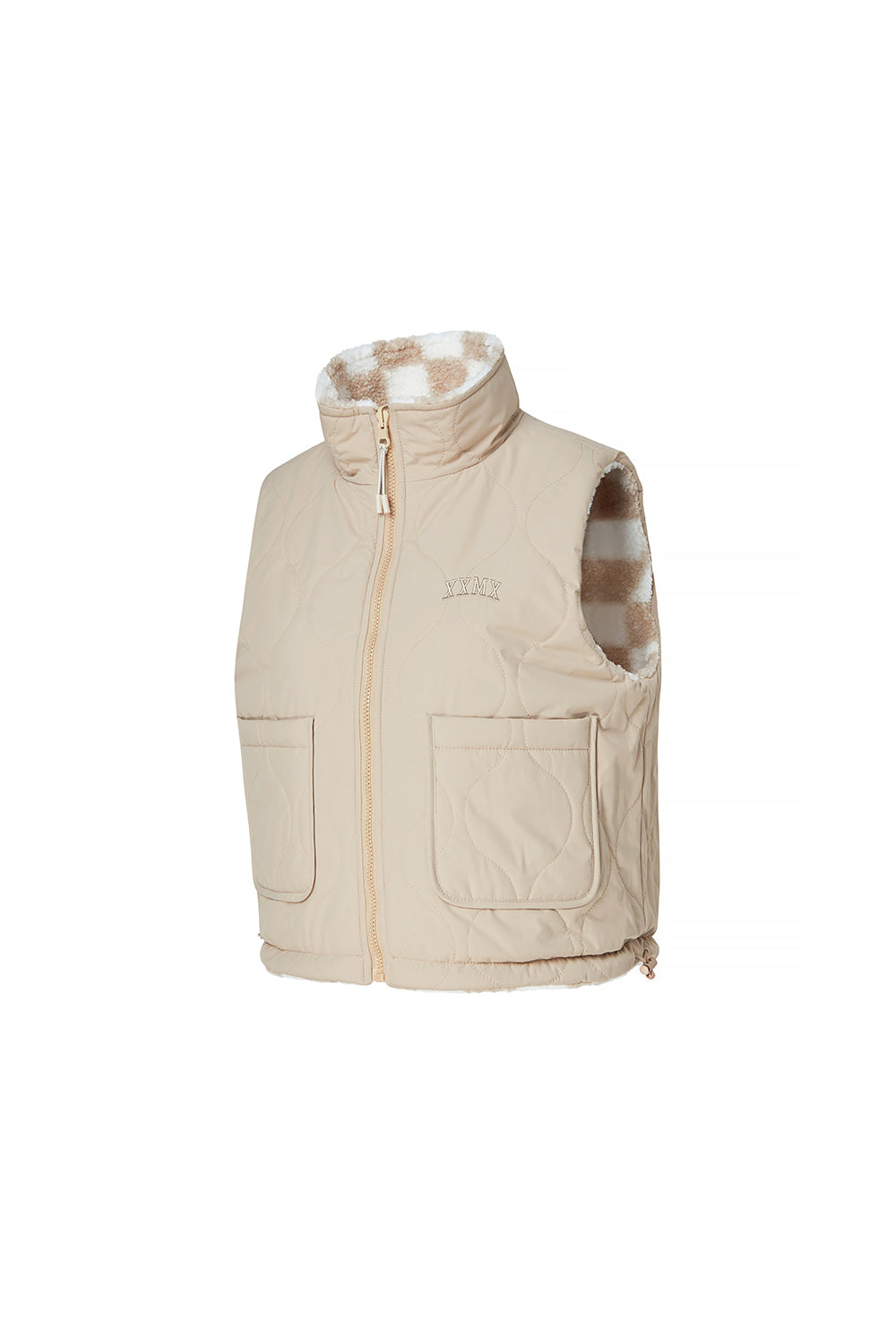 Checker Board Fleece Reversible Vest - Light Beige