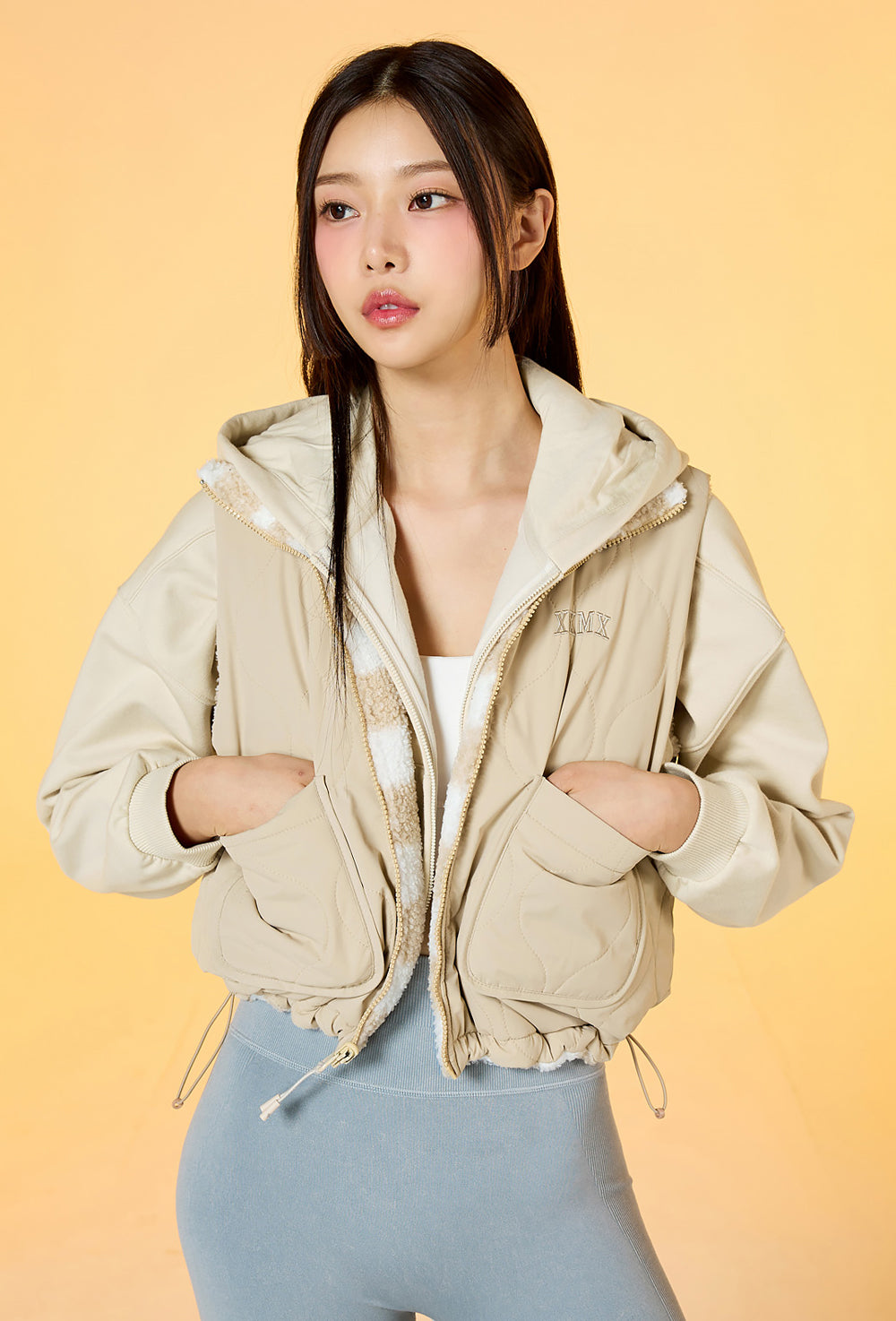 Checker Board Fleece Reversible Vest - Light Beige