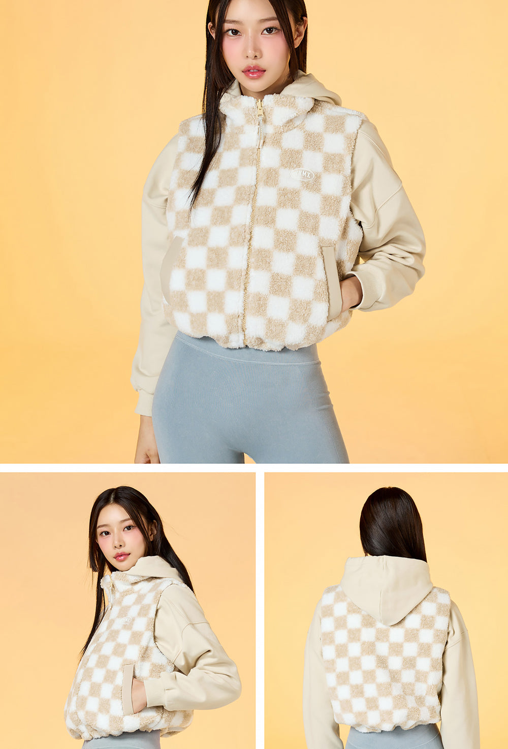 Checker Board Fleece Reversible Vest - Light Beige