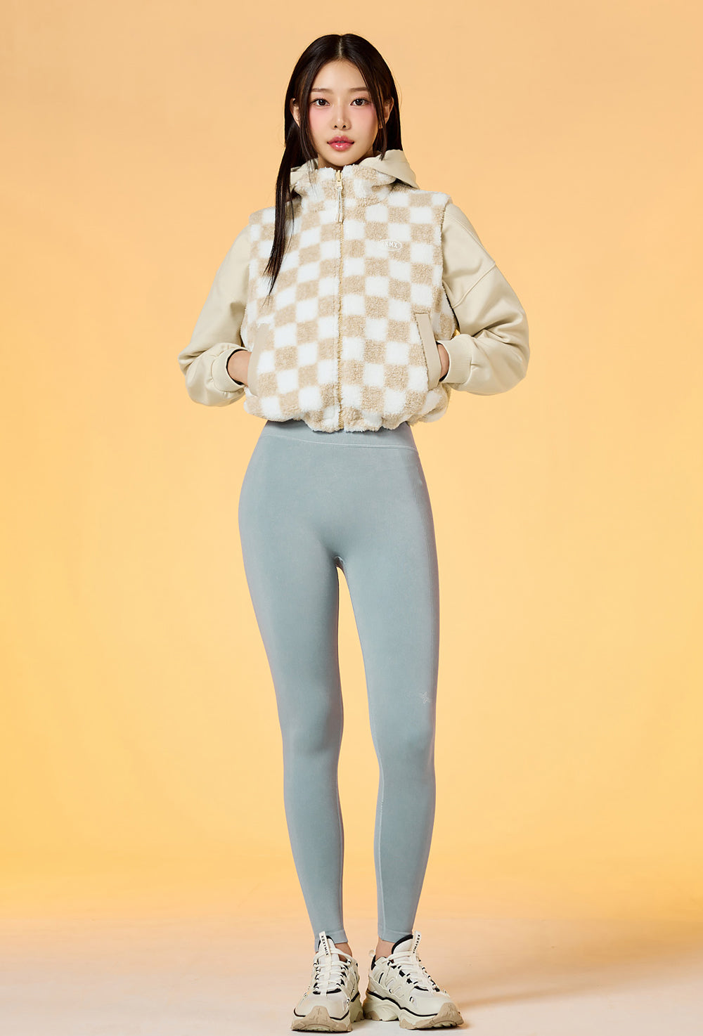 Checker Board Fleece Reversible Vest - Light Beige