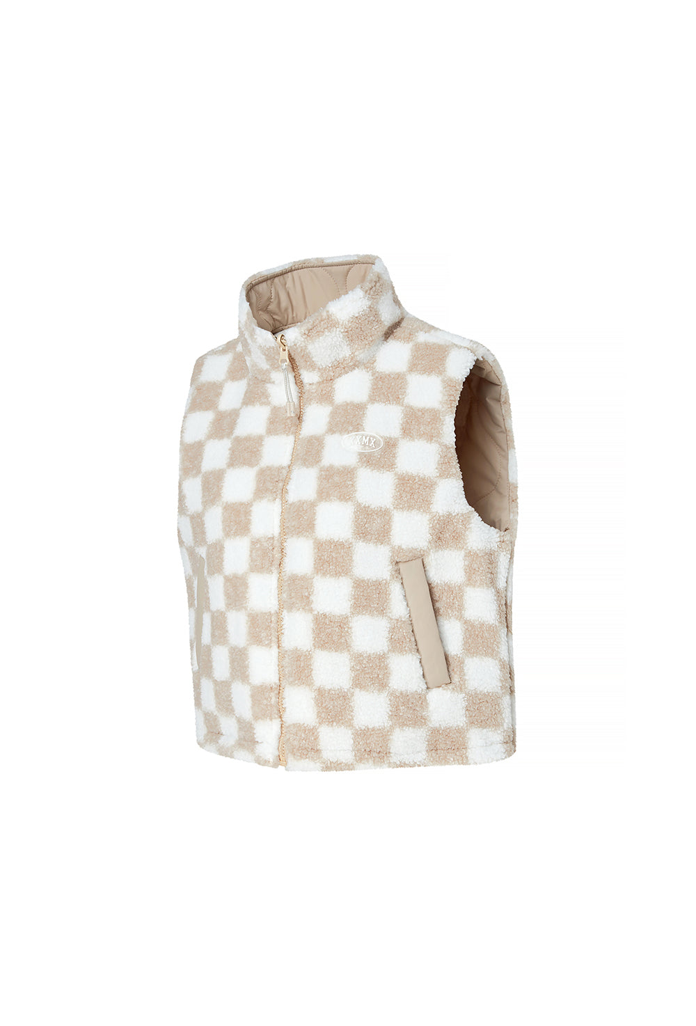 Checker Board Fleece Reversible Vest - Light Beige