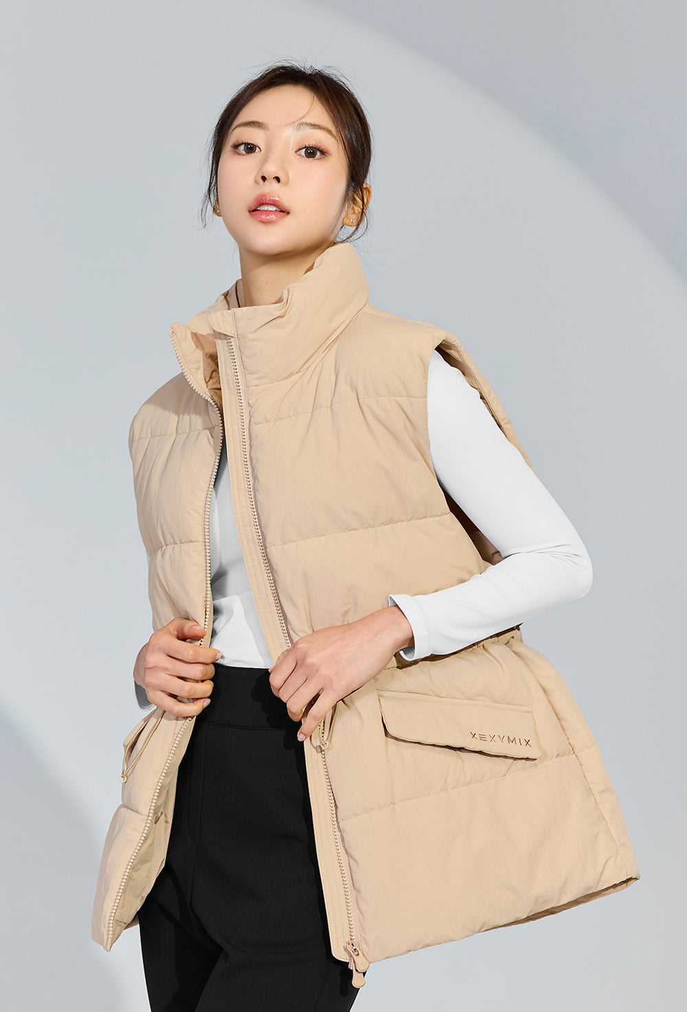 High Neck Over Fit Padded Vest - Dry Beige