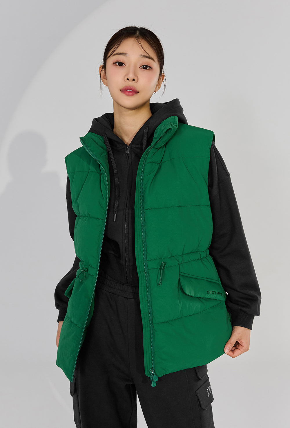 High Neck Over Fit Padded Vest - Green Holic