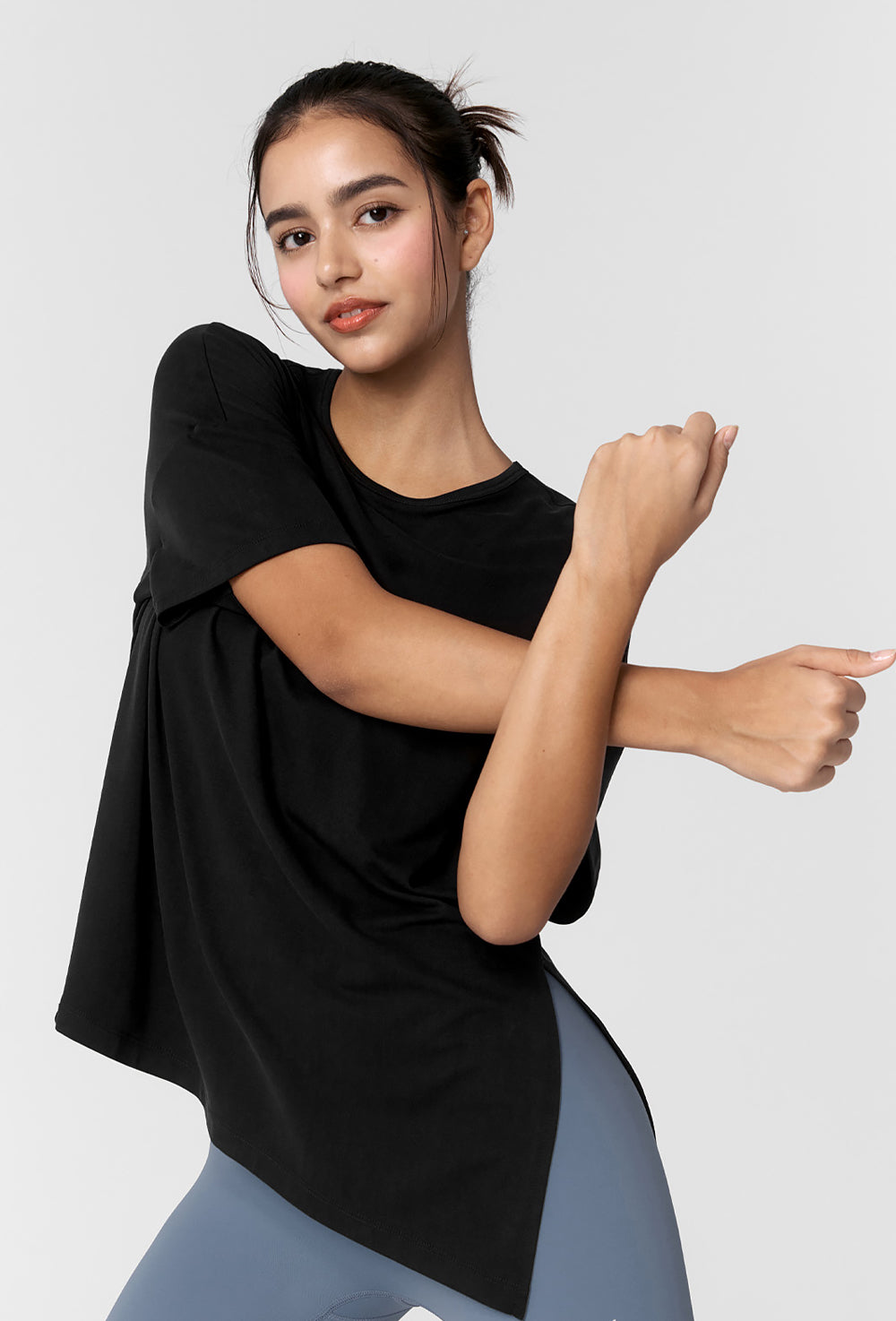 Smooth Unbalanced Slit Short Sleeve - Black